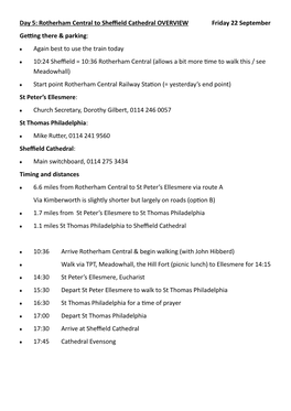 Day 5: Rotherham Central to Sheffield Cathedral OVERVIEW Friday 22 September Getting There & Parking