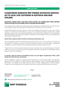 Clearstream Mandates Bnp Paribas Securities Services As Its Local Sub-Custodian in Australia and New Zealand