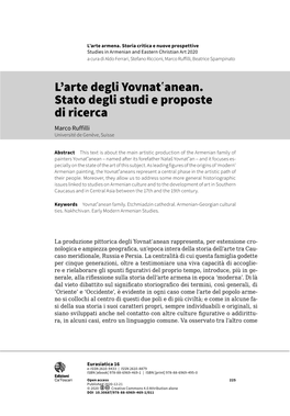 L'arte Degli Yovnatʽanean. Stato Degli Studi E Proposte Di Ricerca