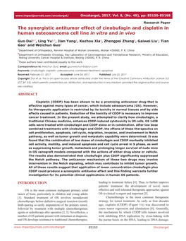 The Synergistic Antitumor Effect of Cinobufagin and Cisplatin in Human Osteosarcoma Cell Line in Vitro and in Vivo