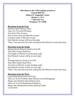 Directions to the CFR Training Sessions at Nassau BOCES Robert E