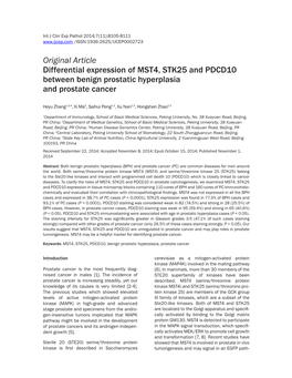 Original Article Differential Expression of MST4, STK25 and PDCD10 Between Benign Prostatic Hyperplasia and Prostate Cancer