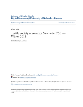 Textile Society of America Newsletter 26:1 — Winter 2014 Textile Society of America