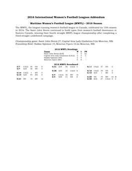 2016 International Women's Football Leagues Addendum