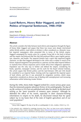 Land Reform, Henry Rider Haggard, and the Politics of Imperial Settlement, 1900–1920