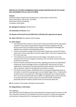 Minutes of the North Fambridge Parish Council Meeting Held in the Village Hall on Monday 4Th July 2011 at 8.00Pm