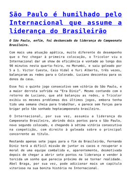 São Paulo É Humilhado Pelo Internacional Que Assume a Liderança Do Brasileirão