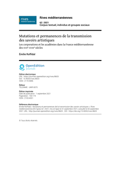 Mutations Et Permanences De La Transmission Des Savoirs Artistiques Les Corporations Et Les Académies Dans La France Méditerranéenne Des Xviie‑Xviiie Siècles