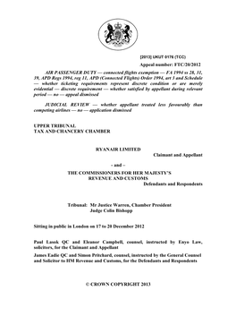 Appeal Number: FTC/20/2012 AIR PASSENGER DUTY — Connected Flights Exemption — FA 1994 Ss 28, 31, 39, APD Regs 1994, Reg