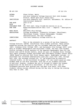 Los Rios Community College District Fall 2000 Student Profile, Based Upon First Census Data