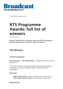 RTS Programme Awards: Full List of Winners 21 March, 2012