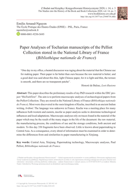 Paper Analyses of Tocharian Manuscripts of the Pelliot Collection Stored in the National Library of France (Bibliothèque Nationale De France)