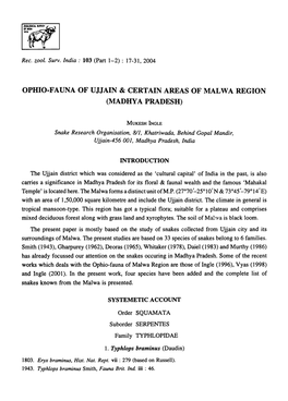 Ophio-Fauna of Ujjain & Certain Areas of Malwa