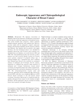 Endoscopic Appearance and Clinicopathological Character of Breast Cancer