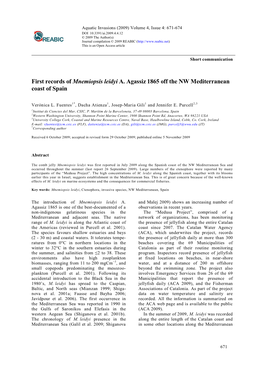 First Records of Mnemiopsis Leidyi A. Agassiz 1865 Off the NW Mediterranean Coast of Spain