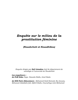 Enquête Sur Le Milieu De La Prostitution Féminine (Nouakchott Et