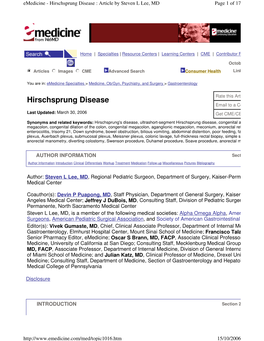 Hirschsprung Disease : Article by Steven L Lee, MD Page 1 of 17