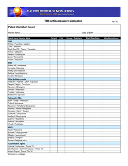 TMS Antidepressant Medication Record