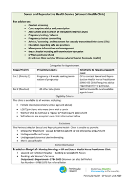 Sexual and Reproductive Health Service (Women's Health Clinic)