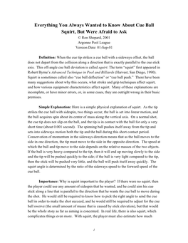 Everything You Always Wanted to Know About Cue Ball Squirt, but Were Afraid to Ask © Ron Shepard, 2001 Argonne Pool League Version Date: 01-Sep-01