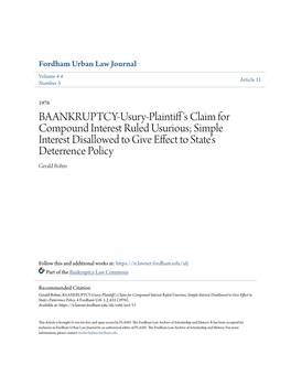 BAANKRUPTCY-Usury-Plaintiff's Claim for Compound Interest Ruled Usurious; Simple Interest Disallowed to Give Effect to State's Deterrence Policy, 4 Fordham Urb