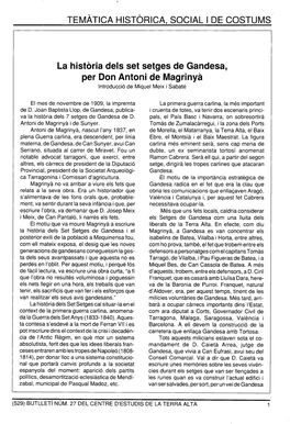 La Historia Dels Set Setges De Gandesa, Per Don Antoni De Magrinya Introducció De Miquel Meix I Sabaté