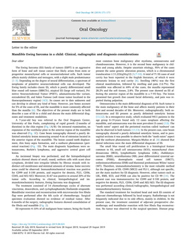 Mandible Ewing Sarcoma in a Child Clinical, Radiographic And