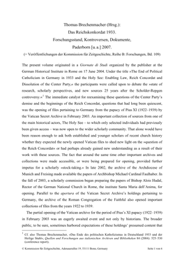 Thomas Brechenmacher (Hrsg.): Das Reichskonkordat 1933. Forschungsstand, Kontroversen, Dokumente, Paderborn [U. A.] 2007