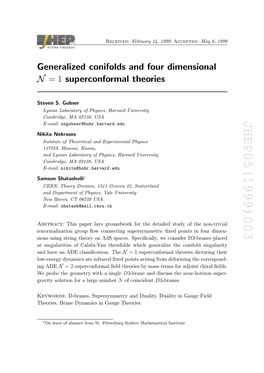 Generalized Conifolds and Four Dimensional $ N= 1$ Superconformal Theories