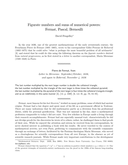 Figurate Numbers and Sums of Numerical Powers: Fermat, Pascal, Bernoulli