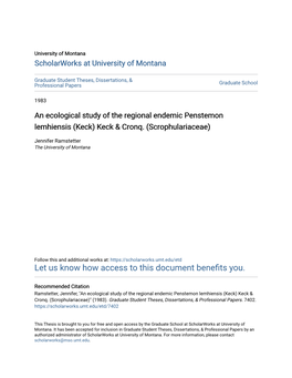 An Ecological Study of the Regional Endemic Penstemon Lemhiensis (Keck) Keck & Cronq