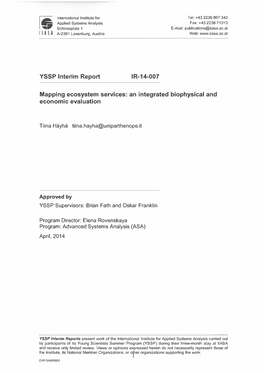 YSSP Interim Report IR-14-007 Mapping Ecosystem Services: an Integrated Biophysical and Economic Evaluation