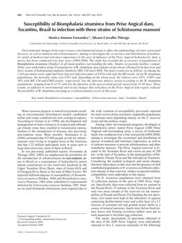 Susceptibility of Biomphalaria Straminea from Peixe Angical Dam, Tocantins, Brazil to Infection with Three Strains of Schistosoma Mansoni