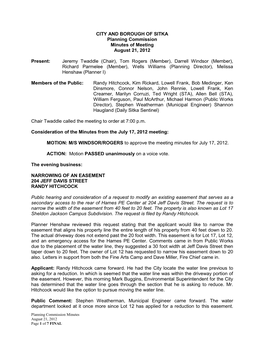 CITY and BOROUGH of SITKA Planning Commission Minutes of Meeting August 21, 2012