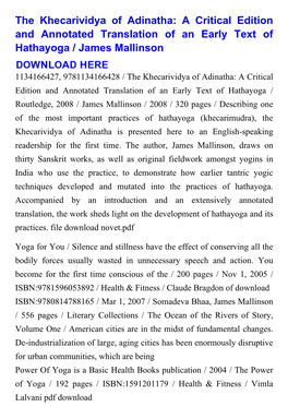 The Khecarividya of Adinatha: a Critical Edition and Annotated Translation of an Early Text of Hathayoga / James Mallinson