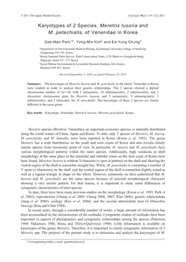 Karyotypes of 2 Species, Meretrix Lusoria and M. Petechialis, of Veneridae in Korea