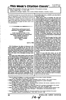 Douce R & .Joyard J. Structure and Function of the Plastid Envelope