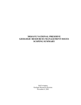 Mojave National Preserve Geologic Resource Evaluation Scoping Summary