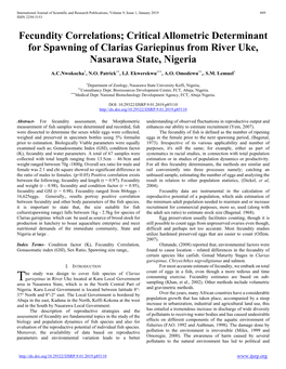 Fecundity Correlations; Critical Allometric Determinant for Spawning of Clarias Gariepinus from River Uke, Nasarawa State, Nigeria