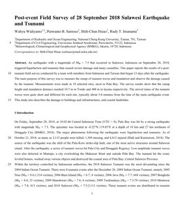 Post-Event Field Survey of 28 September 2018 Sulawesi Earthquake and Tsunami Wahyu Widiyanto1,2, Purwanto B