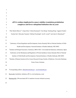 Eif1a Residues Implicated in Cancer Stabilize Translation Preinitiation 6 Complexes and Favor Suboptimal Initiation Sites in Yeast