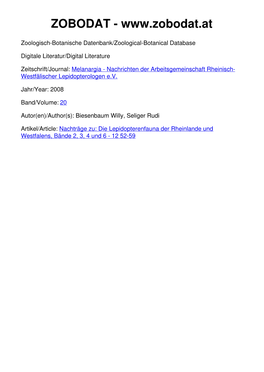 Nachträge Zu: Die Lepidopterenfauna Der Rheinlande Und Westfalens, Bände 2, 3, 4 Und 6 - 12 52-59 Melanargia, 20 (2): 52-59 Leverkusen, 15.8.2008