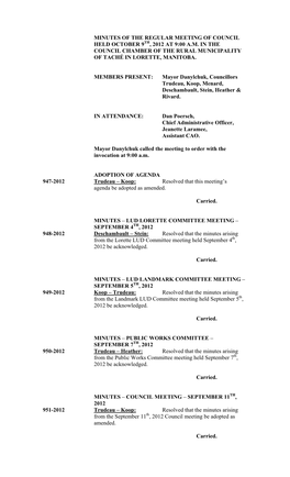 Minutes of the Regular Meeting of Council Held October 9Th, 2012 at 9:00 A.M