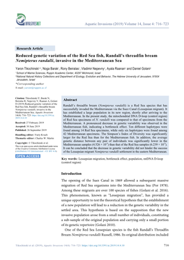 Reduced Genetic Variation of the Red Sea Fish, Randall's Threadfin Bream