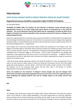 PRESS RELEASE SAVE KUALA LANGAT NORTH FOREST RESERVE from DE-GAZETTEMENT Degazettment Process Should Be Suspended in Light of COVID-19 Pandemic