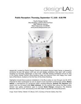 Public Reception: Thursday, September 17, 5:00 - 9:30 PM