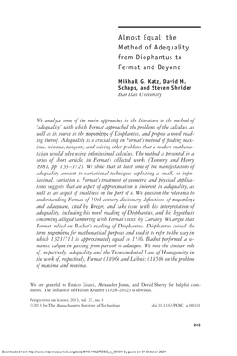 The Method of Adequality from Diophantus to Fermat and Beyond