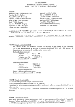 COMPTE RENDU Assemblée Du SIVOM De Sol~Ne &Environs Le Jeudi 21 Avril 2015 À 19 Heures Àsaille-Achâtel