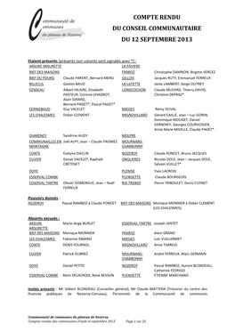 Compte Rendu Du Conseil Communautaire Du 12 Septembre 2013