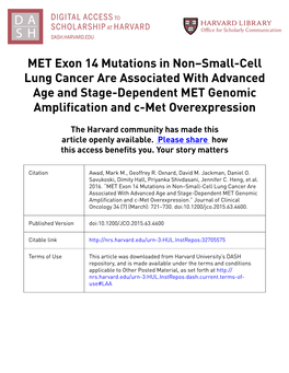 MET Exon 14 Mutations in Non–Small-Cell Lung Cancer Are Associated with Advanced Age and Stage-Dependent MET Genomic Amplification and C-Met Overexpression